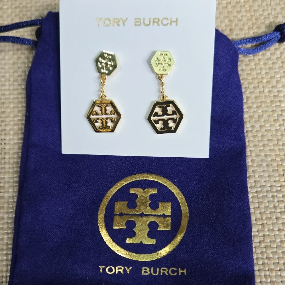Tory Burch Gold Hexagon Drop Earrings NWOT - Picture 1 of 5